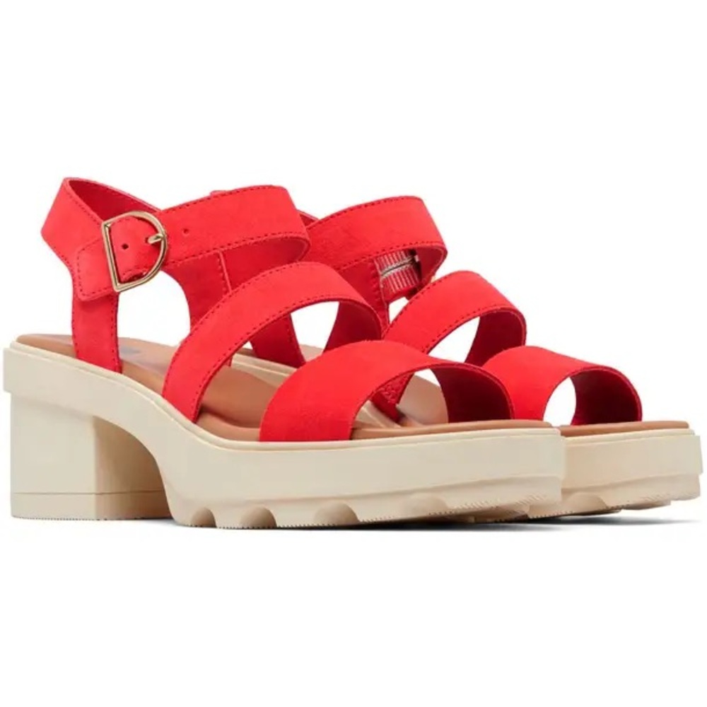 Sorel Joanie Red Strappy Sandals with Tan Block Heel